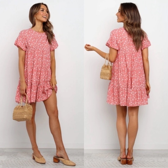 Petal And Pup Poppy Floral Tiered Baby Doll Mini Dress in Pink - Picture 2 of 12